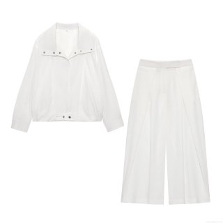 Women's 2 Piece Casual Set Solid White Lapel Zipper Jacket And High Waist Wide Leg Pleated Pants Modern Streetwear Outfit For Women