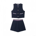 Women Elegant Navy Blue Two Piece Set Polyester Round Neck Vest Waistcoat High Waist Shorts Gold Buttons Braid Trim Streetwear Party Professional Wear