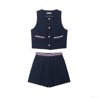 Women Elegant Navy Blue Two Piece Set Polyester Round Neck Vest Waistcoat High Waist Shorts Gold Buttons Braid Trim Streetwear Party Professional Wear