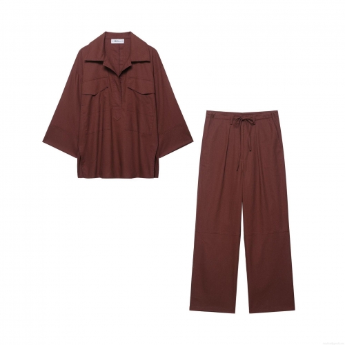 Women's Casual 2 Piece Set 100% Polyester Lapel Long Sleeve Shirt and Wide Leg Pants Loose Minimalist Outfits for Daily Commute