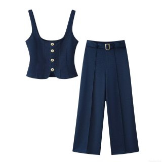Women's Casual Twill Two Piece Set Metal Button Square Neck Crop Tank Top and High Waist Wide Leg Trousers With Belt Office Lady Outfits
