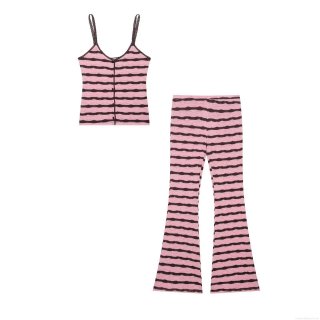 Women's Vintage Knit Two Piece Set Striped Lace Trim V-Neck Tank Top and High Waist Flare Pants Set Streetwear Outfits