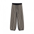 Women's Striped Knit Two Piece Set Linen Texture Button Round Neck Short Sleeve Top And High Waisted Drawstring Long Pants Casual Streetwear Outfits