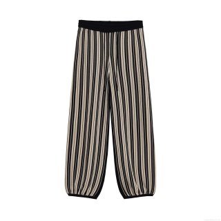 Women's Striped Knit Two Piece Set Linen Texture Button Round Neck Short Sleeve Top And High Waisted Drawstring Long Pants Casual Streetwear Outfits