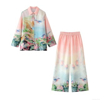 Women's Satin Landscape Print Two Piece Set Long Sleeve Shirt and Wide Leg Pants Casual Fashion Oversized Streetwear Suit for Women