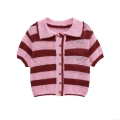 Women's Striped Knitted Two Piece Set Short Sleeve Polo Top And High Waist Shorts Casual Hollow Crochet Knitwear Polyester Summer Outfits Streetwear Co-ord Set For Women