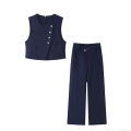 Women's Navy Blue Polyester Vest And High Waist Wide Leg Pants Two Piece Outfits Elegant Solid Color Sleeveless Top And Asymmetric Trousers Set For Commute Streetwear Casual Fashion Suits