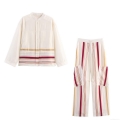 Women's Casual Contrast Color Stripe Two Piece Set Long Sleeve Stand Collar Button Down Shirt And High Waist Wide Leg Pants Outfits Streetwear Polyester Suits