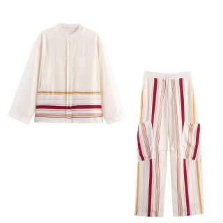 Women's Casual Contrast Color Stripe Two Piece Set Long Sleeve Stand Collar Button Down Shirt And High Waist Wide Leg Pants Outfits Streetwear Polyester Suits