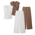 Women Two Piece Set Sleeveless Wrap V Neck Top With Metal Pin High Waist Wide Leg Long Pants Solid Color Casual Fashion Streetwear Outfit Polyester