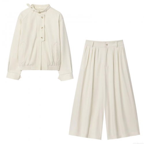 Women's Casual 2-Piece Pants Set Polyester Stand Collar Button Up Jacket And High Waist Pleated Wide Leg Trousers Cream Solid Color Fashion Streetwear Suit