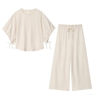 Women Solid Color Two Piece Set Polyester Round Neck Blouse With Drawstring Cuff And High Waist Wide Leg Pants Comfortable Casual Elegant Streetwear Summer Outfits