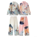 Women's Artistic Landscape Print 2 Piece Set Satin Long Sleeve Lapel Shirt and Elastic Waist Wide Leg Pants Casual Vacation Streetwear Outfit