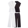 Women Linen Blend Double Breasted Vest Top And High Waist Wide Leg Pants 2 Piece Set With Belt Casual Office Commute Streetwear Suit Outfits