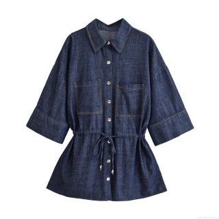 Women's Denim Style Safari Shirt And Pants Two Piece Set Deep Blue Polyester Outfits With Drawstring Waist Long Wide Leg Trousers Casual Streetwear Suits