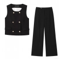 Women Fashion Double Breasted Vest And Wide Leg Pants Set Elegant Sleeveless Top High Waist Pleated Trousers With Golden Buttons European Style Office Lady Streetwear