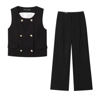 Women Fashion Double Breasted Vest And Wide Leg Pants Set Elegant Sleeveless Top High Waist Pleated Trousers With Golden Buttons European Style Office Lady Streetwear