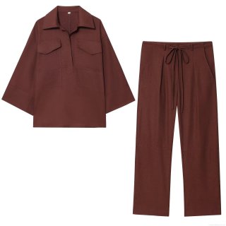Women Casual Two Piece Outfits Polyester Shirt and Pants Set Solid Color Long Sleeve Pockets Drawstring Streetwear Loungewear for Lady