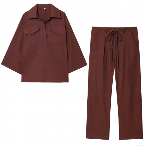 Women Casual Two Piece Outfits Polyester Shirt and Pants Set Solid Color Long Sleeve Pockets Drawstring Streetwear Loungewear for Lady