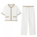Women's Elegant Short Sleeve Blazer And Straight Pants Set Patchwork Contrast Trim Two Piece Suit With Gold Buttons Office Lady Professional Outfit