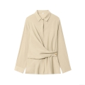Women's Elegant Khaki Two Piece Set Long Sleeve Wrapped Shirt With Gold Buttons And High Waist Wide Leg Pants Casual Office Streetwear Co-ord