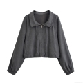 Women's Casual Two Piece Outfits Solid Dark Grey Zip Up Jacket And Wide Leg Drawstring Pants Set 100% Polyester Streetwear Sporty Tracksuit For Women