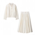 Women's 2 Piece Set 100% Polyester Stand Collar Button Up Jacket and High Waist Pleated Wide Leg Pants Elegant Casual Streetwear Outfits for Lady