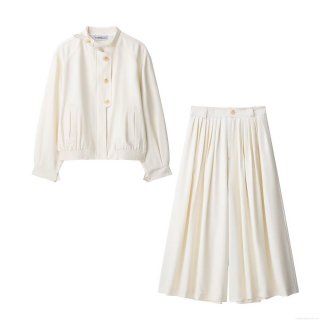 Women's 2 Piece Set 100% Polyester Stand Collar Button Up Jacket and High Waist Pleated Wide Leg Pants Elegant Casual Streetwear Outfits for Lady