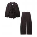 Women's Linen Texture Two Piece Set Kimono Style Long Sleeve Wrap Blazer With Tied Waist And High Waist Wide Leg Balloon Pants Streetwear Casual Elegant Office Outfits