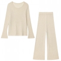 Women's Casual Hollow Out Crochet Knit Two Piece Co-ords Set Long Sleeve Round Neck Top And High Waist Wide Leg Pants Metallic Thread Breathable Summer Autumn Outfits