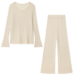 Women's Casual Hollow Out Crochet Knit Two Piece Co-ords Set Long Sleeve Round Neck Top And High Waist Wide Leg Pants Metallic Thread Breathable Summer Autumn Outfits