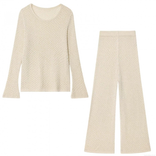 Women's Casual Hollow Out Crochet Knit Two Piece Co-ords Set Long Sleeve Round Neck Top And High Waist Wide Leg Pants Metallic Thread Breathable Summer Autumn Outfits