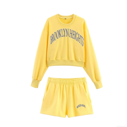 Women's Two Piece Set Brooklyn Heights Embroidery Cotton Blend Long Sleeve Crop Top Sweatshirt And Elastic Waist Shorts Casual Streetwear Sporty Yellow Lounge Wear