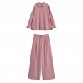 Women's Elegant Two Piece Pants Set 100% Polyester Long Sleeve Lapel Shirt and High Waist Wide Leg Belted Pants Mauve Solid Color Casual Streetwear Outfit for Women