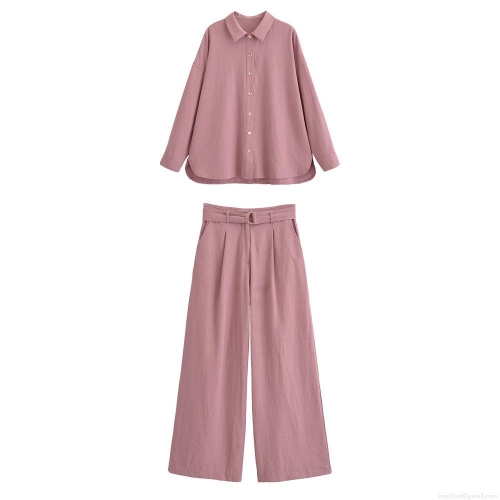 Women's Elegant Two Piece Pants Set 100% Polyester Long Sleeve Lapel Shirt and High Waist Wide Leg Belted Pants Mauve Solid Color Casual Streetwear Outfit for Women