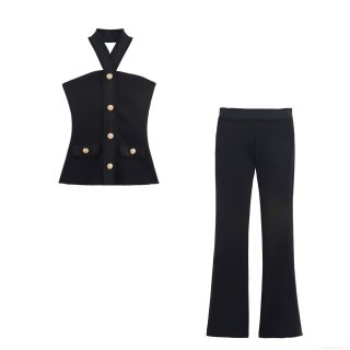Women's Two Piece Outfits Halter Neck Sleeveless Top And High Waist Flare Pants Set Elegant Streetwear Solid Color Slim Fit Tracksuit With Gold Buttons