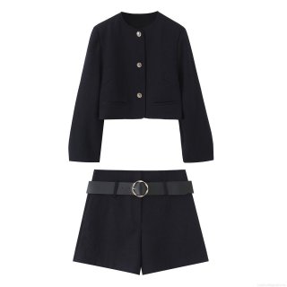 Women Fashion Casual Two Piece Suit Set Polyester Short Blazer Jacket And High Waist Shorts With Belt Solid Color Golden Buttons Elegant Streetwear Outfit For Ladies