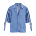 Women Casual Denim Pants Set Puff Short Sleeve Bow Cuff Button Shirt And High Waist Elastic Drawstring Wide Leg Trousers Solid Color Cotton Blend Two Piece Outfits For Summer Vacation