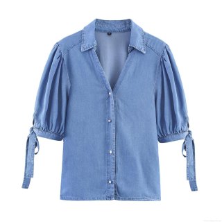Women Casual Denim Pants Set Puff Short Sleeve Bow Cuff Button Shirt And High Waist Elastic Drawstring Wide Leg Trousers Solid Color Cotton Blend Two Piece Outfits For Summer Vacation