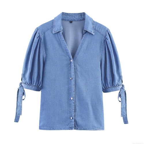 Women Casual Denim Pants Set Puff Short Sleeve Bow Cuff Button Shirt And High Waist Elastic Drawstring Wide Leg Trousers Solid Color Cotton Blend Two Piece Outfits For Summer Vacation