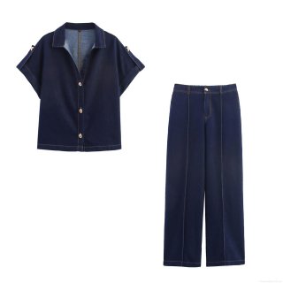 Women's Denim Two Piece Set Casual Short Sleeve Lapel Button Up Shirt And High Waist Wide Leg Pleated Jeans Pants Cotton Blend Streetwear Indigo Blue Suit