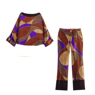 Women's Geometric Print Satin Shirt And Wide Leg Pants Two Piece Set Vintage Long Sleeve Loose Casual Streetwear Fashion Outfit