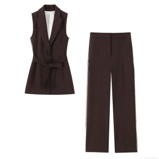 Women's Sleeveless Blazer Vest And Side Stripe Straight Leg Pants Two Piece Set Elegant Casual Polyester Suit For Autumn Fashion Streetwear