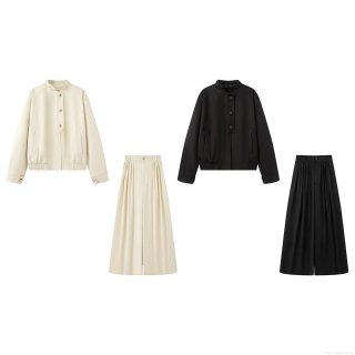 Women's 2 Piece Set Minimalist PU Leather Stand Collar Jacket And High Waist Pleated Wide Leg Pants Set Commuter Casual Outfits For Women