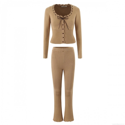 Women's Ribbed Knitted Two-Piece Set Long Sleeve Cardigan With Bow And High Waist Flared Pants Casual Streetwear Camel Knitwear Outfit