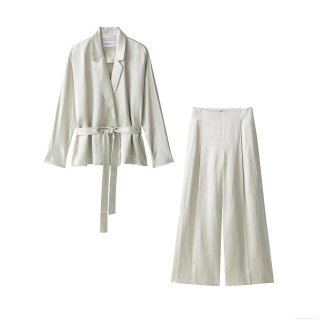 Elegant Satin Pants Set Women Solid Color Long Sleeve Wrap Tie Blazer and High Waist Wide Leg Trousers Casual Office Suit 2 Piece Set Women Autumn Fashion