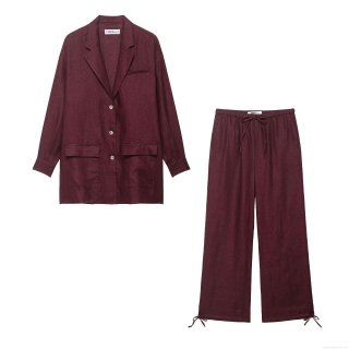 Women Casual Linen Texture Blazer And Pants Set Two Piece Outfits Notched Lapel Single Breasted Jacket And Drawstring Lantern Trousers Solid Color Streetwear