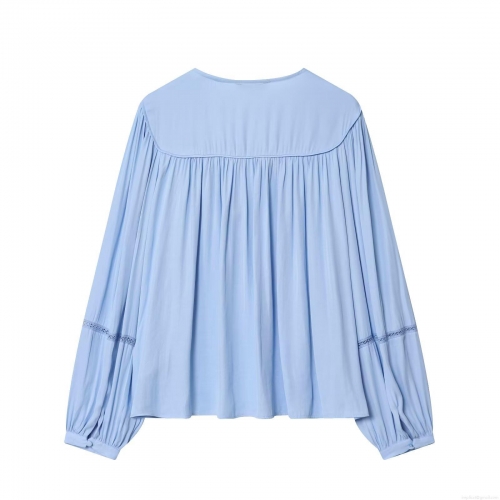 Women's 2 Piece Elegant Casual Sets Long Sleeve Pleated V-Neck Tie Blouse Tops and High Waist Satin Wide Leg Pants Outfits Fashion Streetwear Party Set