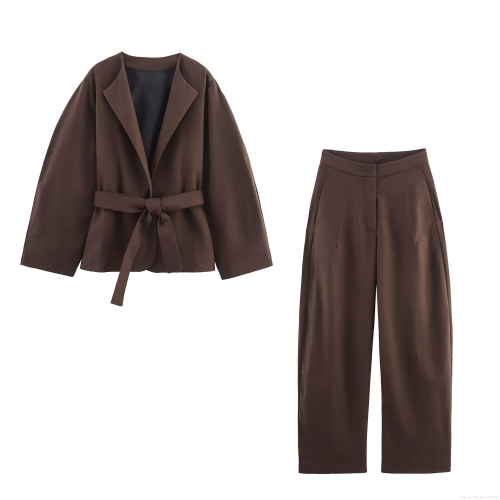 Women's Casual Two Piece Set Solid Color Linen Texture Wrap Top And High Waist Straight Leg Pants Loose Fashion Streetwear Autumn Outfits