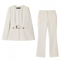 Women's Professional Suit Set Round Neck Blazer With Metal Buckle Belt And High Waist Flared Pants Two Piece Office Lady Business Outfits Elegant Solid Color Slim Fit Separates